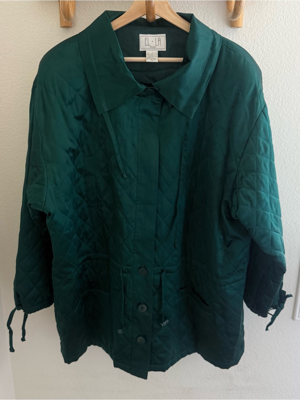 El La Design vintage 90s emerald green quilted shirt jacket 100% silk size 2XL